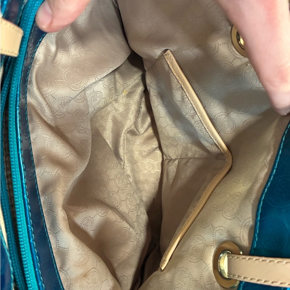 Michael Kors Teal Patent Logo Tote with Tan Straps - Picture 5 of 9
